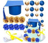 Ephlyn 40 Pack 2025 Graduation Cake Toppers Class of 2025 Cap Diploma Balls Flowers Congrats Grad Cake Decorations for 2025 High School College Senior Graduation Supplies Blue Gold