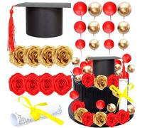 Ephlyn 40 Pack 2025 Graduation Cake Toppers Class of 2025 Cap Diploma Balls Flowers Congrats Grad Cake Decorations for 2025 High School College Senior Graduation Supplies Red Gold