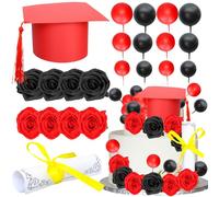 Ephlyn 40 Pack 2025 Graduation Cake Toppers Class of 2025 Cap Diploma Balls Flowers Congrats Grad Cake Decorations for 2025 High School College Senior Graduation Supplies Red Black