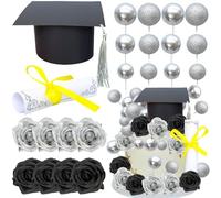 Ephlyn 40 Pack 2025 Graduation Cake Toppers Class of 2025 Cap Diploma Balls Flowers Congrats Grad Cake Decorations for 2025 High School College Senior Graduation Supplies Black Silver