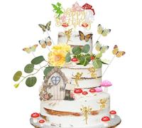 Ephlyn 47Pcs Fairy Cake Toppers Fairy Birthday Cake Decoration Pink Mushroom Door Butterfly Flowers Cake Decoration Fairy Garden Topper for Fairy Baby Shower Party Supplies Gold