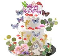 Ephlyn 47Pcs Fairy Cake Toppers Fairy Birthday Cake Decoration Pink Mushroom Door Butterfly Flowers Cake Decoration Fairy Garden Topper for Fairy Baby Shower Party Supplies Purple
