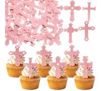 Ephlyn 48Pcs Edible Cross Cupcake Toppers Cross God Bless Cupcake Toppers Wafer Paper Christian Baptism Cross Cupcake Picks for Religious Theme Baby Shower Birthday Party Cake Supplies Pink