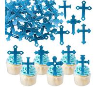 Ephlyn 48Pcs Edible Cross Cupcake Toppers Cross God Bless Cupcake Toppers Wafer Paper Christian Baptism Cross Cupcake Picks for Religious Theme Baby Shower Birthday Party Cake Supplies Blue