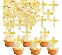 Ephlyn 48Pcs Edible Cross Cupcake Toppers Cross God Bless Cupcake Toppers Wafer Paper Christian Baptism Cross Cupcake Picks for Religious Theme Baby Shower Birthday Party Cake Supplies Gold