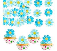 Ephlyn 48Pcs Edible Daisy Cupcake Toppers Wafer Paper Flower Cake Topper Decorations Flower Chrysanthemum Party Decorations for Birthday Wedding Birthday Party Supplies Blue
