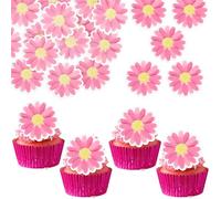 Ephlyn 48Pcs Edible Daisy Cupcake Toppers Wafer Paper Flower Cake Topper Decorations Flower Chrysanthemum Party Decorations for Birthday Wedding Birthday Party Supplies Rose Red