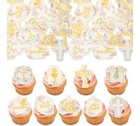 Ephlyn 48Pcs Edible God Bless Cupcake Toppers Wafer Paper Floral God Bless Cake Toppers Christian Theme Baby Shower Birthday Party Cake Decorations Supplies Pink