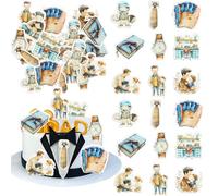 Ephlyn 48Pcs Edible Happy Father's Day Cupcake Toppers Wafer Paper Tie Book Best Dad Ever Cupcake Picks for Fathers Day Theme Birthday Party Cake Decorations Brown
