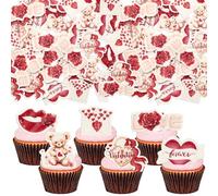 Ephlyn 48Pcs Edible Valentines Day Bear Cupcake Toppers Red Pink Sweet Love Heart Cupcake Picks Happy Valentine's Day Cake Decorations for Valentine's Day Theme Party Supplies
