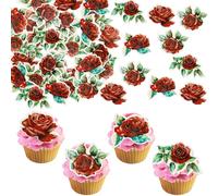 Ephlyn 48Pcs Rose Cupcake Toppers Wafer Paper Rose Flower Cupcake Picks Rose Edible Cupcake Decorations for Roses Theme Wedding Engagement Valentine's Day Birthday Party Decoration Supplies Red