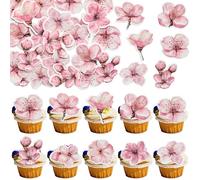 Ephlyn 50Pcs Edible Flowers Cake Topper Cupcake Toppers Wedding Themed Party Baby Shower Birthday Party Cupcake Picks Anniversary Party Decorations Supplies Pink
