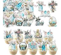 Ephlyn 50Pcs Edible Happy Easter Cupcake Toppers Wafer Paper Bunny Rabbit Cupcake Picks Bunny Baby Shower Decorations Colorful Cute Easter Cupcake Picks for Spring Theme Party Decoration