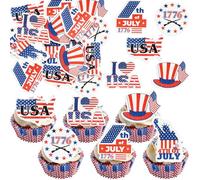 Ephlyn 54Pcs 4th of July Edible Cupcake Toppers American Flag Patriotic Cake Decorations Wafer Paper USA Independence Day for July 4th Party Supplies Blue Red White