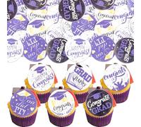 Ephlyn 54Pcs Edible 2026 Graduation Cupcake Toppers Wafer Paper Grad Cap Cupcake Picks Diploma Done Congrats Grad Cake Decorations for Class of 2026 Graduation Party Supplies Purple Gold