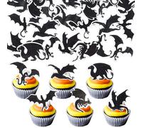 Ephlyn 54Pcs Edible Dragon Cupcake Toppers Wafer Paper Fantasy Cool Dragon Party Cake Decorations Edible Cake Toppers for Dragon Theme Baby Shower Birthday Party Decorations Supplies Black