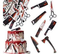 Ephlyn 54Pcs Edible Halloween Cupcake Toppers Edible Happy Halloween Cake Picks Horror Bleeding Knives Cupcake Decors for Baby Shower Party Cake Decoration Black Red