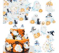 Ephlyn 54Pcs Edible Halloween Cupcake Toppers Wafer Paper Spooky Cat Wizard Hat Pumpkin Cupcake Picks Cat Ghost Cake Decorations for Baby Shower Birthday Halloween Party Supplies White