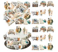 Ephlyn 54Pcs Edible Happy Father's Day Cupcake Toppers Wafer Paper Beer Car Best Dad Ever Cupcake Picks for Fathers Day Theme Birthday Party Cake Decorations Brown Blue