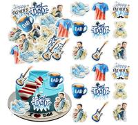 Ephlyn 54Pcs Edible Happy Father's Day Cupcake Toppers Wafer Paper Guitar Cup Best Dad Ever Cupcake Picks for Fathers Day Theme Birthday Party Cake Decorations Blue Red