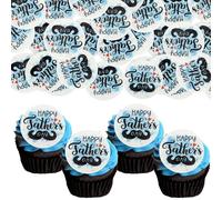 Ephlyn 54Pcs Edible Happy Father's Day Cupcake Toppers Wafer Paper Mustache Best Dad Ever Cupcake Picks for Fathers Day Theme Birthday Party Cake Decorations Light Blue