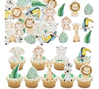 Ephlyn 54Pcs Edible Jungle Safari Animal Theme Cupcake Toppers Wafer Paper Jungle Safari Animal Cake Toppers Dessert Muffin Cake Picks Cake Decoration for Baby Shower Birthday Party Supplies