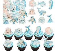 Ephlyn 54Pcs Edible Ocean Animal Cupcake Toppers Wafer Paper Octopus Dolphin Turtle Crab Mermaid Tail Cake Picks for Under The Sea Theme Birthday Party Supplies Pink Blue