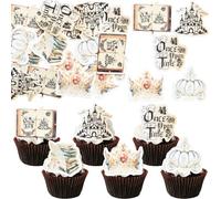 Ephlyn 54Pcs Edible Once Upon A Time Birthday Cupcake Toppers Wafer Paper Fairytale Book Party Castle Opening Magic Book Cupcake Picks for Princess Party Cake Decoration Supplies Gold