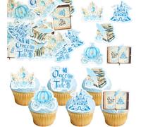Ephlyn 54Pcs Edible Once Upon A Time Birthday Cupcake Toppers Wafer Paper Fairytale Book Party Castle Opening Magic Book Cupcake Picks for Princess Party Cake Decoration Supplies Blue