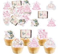 Ephlyn 54Pcs Edible Once Upon A Time Birthday Cupcake Toppers Wafer Paper Fairytale Book Party Castle Opening Magic Book Cupcake Picks for Princess Party Cake Decoration Supplies Pink