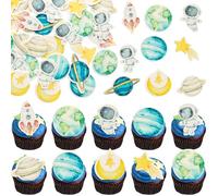 Ephlyn 54Pcs Edible Space Astronaut Cupcake Toppers Wafer Paper Planet Rocket Spaceship Trip to the Moon Star Cake Toppers Universe Outer Space Theme Birthday Party Anniversary Party Supplies Blue