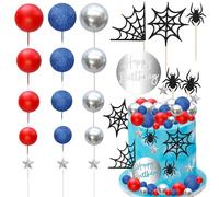 Ephlyn 60 Pack Spider Cake Topper Spider Web Cupcake Decorations Glitter Happy Birthday Toppers Stars Red Silver Blue Balls Cupcake Topper for Boys Men Baby Shower Party Supplies
