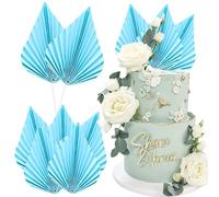 Ephlyn 6Pcs Paper Palm Fan Cake Topper Palm Leaf Fan Cake Pick Decoration for Insert DIY Craft Project Home Made Wedding Bridal Shower Birthday Anniversary Party Cake Decorations Blue