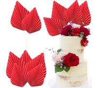 Ephlyn 6Pcs Paper Palm Fan Cake Topper Palm Leaf Fan Cake Pick Palm Spear Leaf DIY Cake Decorations for Bakeware Baby Shower Wedding Bridal Shower Birthday Anniversary Party Red