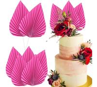 Ephlyn 6Pcs Paper Palm Fan Cake Topper Palm Leaf Fan Toppers DIY Cake Bakeware Insert Cake Decorations for Baby Shower Wedding Bridal Shower Birthday Anniversary Party Decors Rose Red