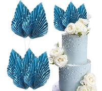 Ephlyn 6Pcs Paper Palm Leaves Fan Cake Toppers Palm Leaf Fan Cake Picks Craft DIY Fan Cupcake Toppers Palm Spear Leaves Cake Decorations for Baby Shower Wedding Birthday Party Supplies Bright Blue