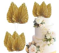 Ephlyn 6Pcs Paper Palm Leaves Fan Cake Toppers Palm Leaf Fan Cake Picks Craft DIY Fan Cupcake Toppers Palm Spear Leaves Cake Decorations for Baby Shower Wedding Birthday Party Supplies Bright Gold