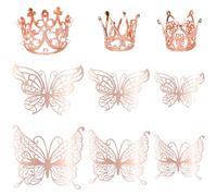 Ephlyn 9 Pack Crown Cake Toppers Mini Tiara 3D Gold Butterfly Decoration Vintage Pearl Rhinestone Crown Cupcake Toppers for Women Girls Wedding Birthday Baby Shower Party Supplies Rose Gold