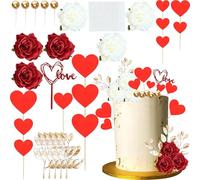 Ephlyn Acrylic Love Cake Topper Decorations Red Rose Heart Foam Ball Cupcake Picks for Valentine's Day Birthday Wedding Party DIY Cake Decorations Supplies Red White