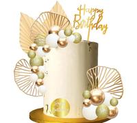 Ephlyn Balls Cake Toppers Acrylic Happy Birthday Cake Decorations Ginkgo Leaf Palm Leaves Fan Cake Toppers for Boho theme Birthday Wedding Baby Shower Party Decoration Gold White