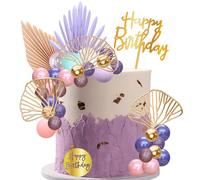 Ephlyn Balls Cake Toppers Acrylic Happy Birthday Cake Decorations Ginkgo Leaf Palm Leaves Fan Cake Toppers for Boho Theme Birthday Wedding Baby Shower Party Decoration Pink Purple