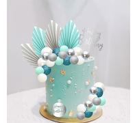 Ephlyn Balls Cake Toppers Acrylic Happy Birthday Cake Decorations Ginkgo Leaf Palm Leaves Fan Cake Toppers for Boho Theme Birthday Wedding Baby Shower Party Decoration Blue Silver