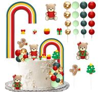 Ephlyn Christmas Bear Cake Toppers Rainbow Ball Cake Decorations Xmas Tree Gingerbread Man Socks Cupcake Toppers for Halloween Theme Baby Shower Birthday Party Supplies Red