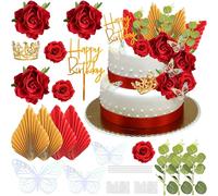 Ephlyn Crown Happy Birthday Cake Topper Decorations Palm Leaf Butterfly Foam Ball Cupcake Picks for Valentine's Day Birthday Wedding Party DIY Cake Decorations Supplies Red Laser White