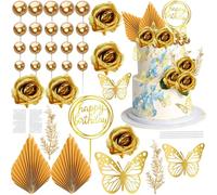 Ephlyn Happy Birthday Cake Topper Decorations Balloon Butterfly Artificial Flower Leaves Cake Picks for Golden Wedding Birthday Party Valentine's Day Party DIY Cake Decorations Supplies Gold