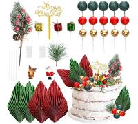 Ephlyn Merry Christmas Cake Decorations Foam Ball Cake Toppers Palm Leaf Santa Deer Gift Box Cupcake Toppers for Christmas Party Table Cake Birthday Wedding Decor Supplies Green Red