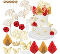 Ephlyn Rose Happy Birthday Cake Topper Decorations Butterfly Crown Palm Leaf Foam Ball Cupcake Picks for Valentine's Day Birthday Wedding Party DIY Cake Decorations Supplies Red Gold