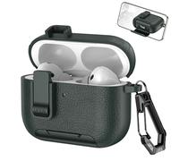 Ephoou Case for AirPods Pro 3 with Stand and Security Lock, PC+TPU Shockproof Leather Texture Cover with Carabiner Keychain for AirPods Pro 3 PW-Green