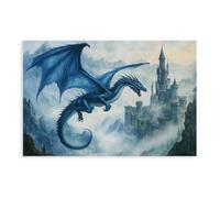 Epic Blue Dragon Canvas Wall Art - Mystical Fantasy Castle Scene Canvas Poster Wall Art Decor Print Picture Paintings for Living Room Bedroom Decoration 20x30inch(50x75cm)