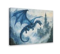 Epic Blue Dragon Canvas Wall Art - Mystical Fantasy Castle Scene Canvas Poster Wall Art Decor Print Picture Paintings for Living Room Bedroom Decoration 24x36inch(60x90cm)